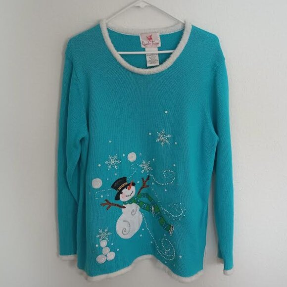 QUACKER FACTORY WOMEN'S LIGHT UP CHRISTMAS SWEATER TURQUOISE WHITE SNOWMAN LARGE - Picture 1 of 6